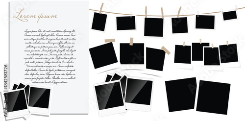 Collection of blank instant film frames with handwritten lorem ipsum text on white background template