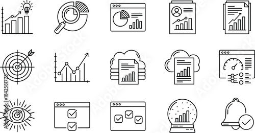 Business analytics line icons set with charts, reports, data analysis, targets, cloud documents, dashboards, performance metrics, and productivity symbols