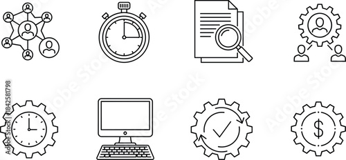 Business workflow icons illustrating teamwork, time management, document analysis, productivity, process optimization, computer operations, quality control and financial efficiency for corporate use