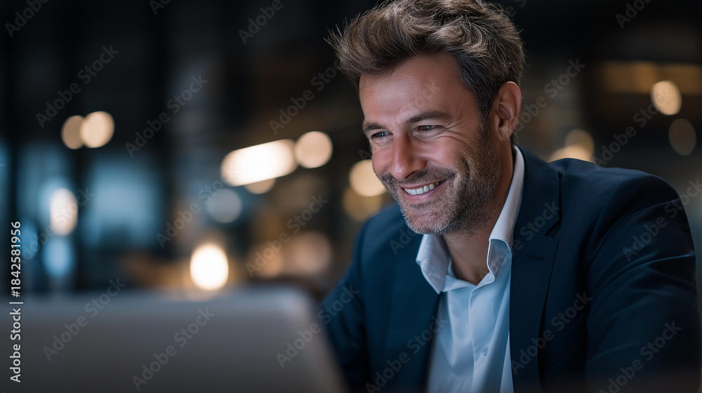 Obraz premium Faceless broker smile and mature businessman on laptop for finance tax research and debt management, investment banker happy or advisor with technology for good news financial account report