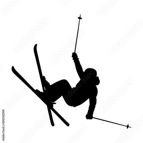 Dynamic silhouette of a skier in mid air performing an acrobatic jump.