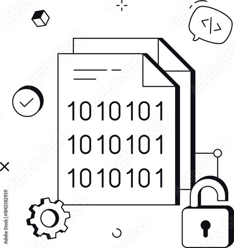 Secure binary data files with padlock for cyber security isometric flat vector illustration