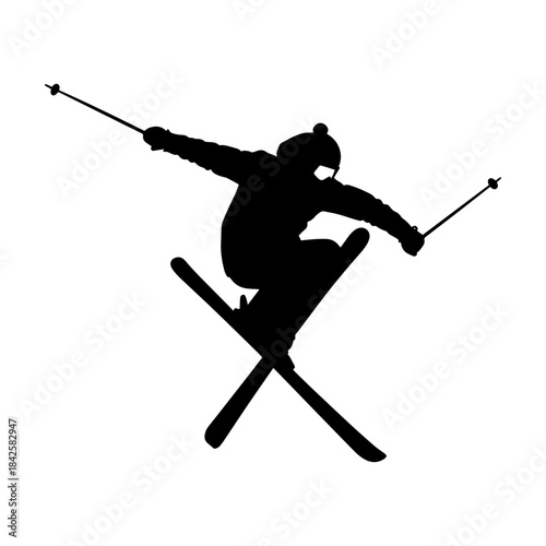Dynamic silhouette of a skier mid-air performing a jump.
