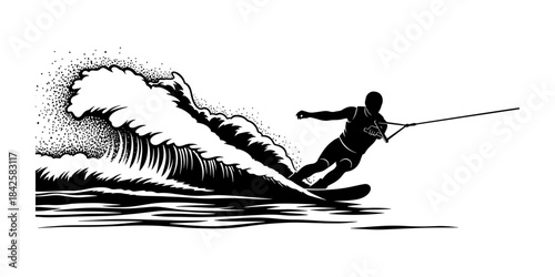 Dynamic Silhouette of a Wakeboarder Riding a Powerful Ocean Wave.