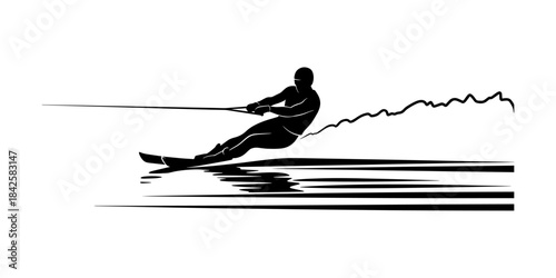 Dynamic Water Skier Silhouette Gliding Across Water Surface.
