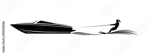 Dynamic Water Skiing Adventure with Speedboat Silhouette.