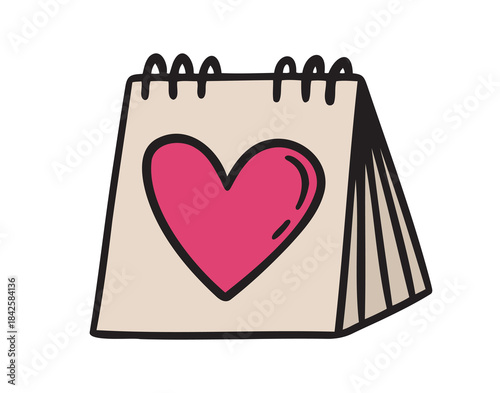 Flip up desk calendar big pink heart, day of meeting, love day, date doodle hand drawn icon. colorful cartoon line drawing clipart symbol