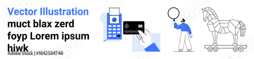 Credit card tapping on payment terminal, geometric Trojan horse, person holding string balloon. Ideal for technology, security, ecommerce, transactions, creativity, metaphor simple landing page