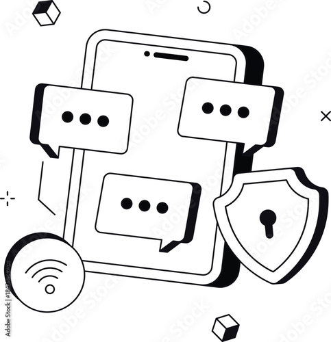 Smartphone cyber security with messaging app data protection isometric flat vector illustration