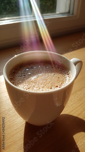 White coffee cup, dark coffee foam, wooden surface, warm sunbeam, rainbow light from window.