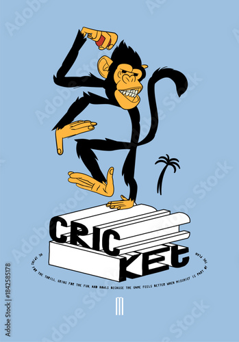 Funny cartoon monkey playing cricket on a pedestal with the word cricket