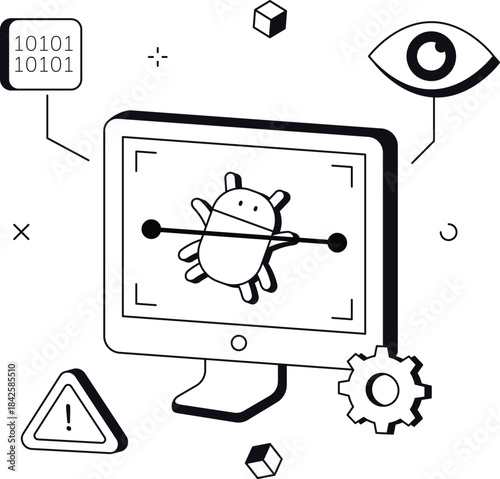 Computer virus scan with binary code and eye isometric flat vector illustration