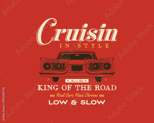  Retro custom car poster design. King of the road vintage automobile vector art.