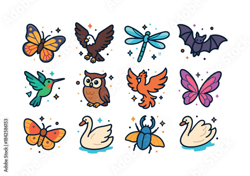Colorful Winged Icons. Winged Creatures. Colorful isometric vect