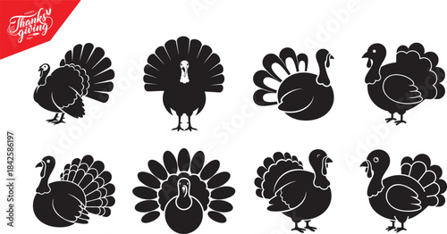 Set of Black Turkey Silhouettes for Thanksgiving and Autumn Designs