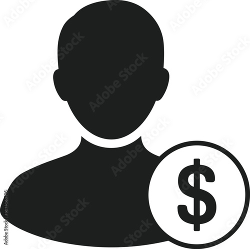 Black Silhouette Icon of a Person with a Dollar Sign Symbol, Representing Cost, Earning, Finance, Pricing, User Profile, Wealth, and Business Investment Concepts.