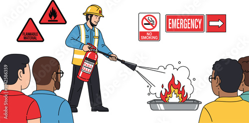 Fire safety training demonstration with extinguisher use, protective gear, flammable material warning, emergency signs, and hazard awareness protocol