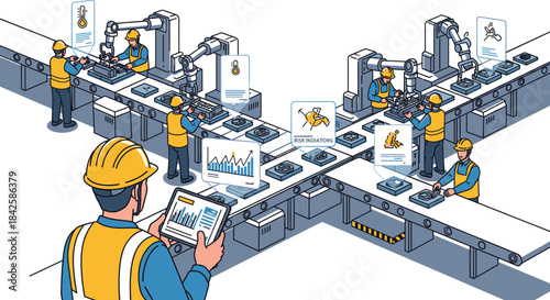 Industrial manufacturing with robotic arms, safety gear, data screens, risk indicators, and real-time analytics in automated factory environment.