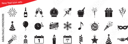 New Year Celebration Icon Set. Happy New Year Party and Festive Silhouette Vector Symbols Collection.