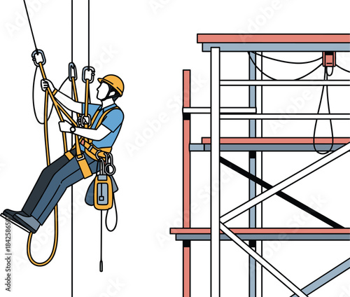 Rope access worker on scaffold using harness and safety gear for vertical structure maintenance in industrial construction zone.