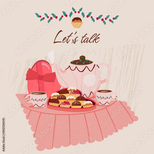 Tea for Two. Cozy Scene. Teapot, Cups and Candy Box on Table, Heartwarming Illustration