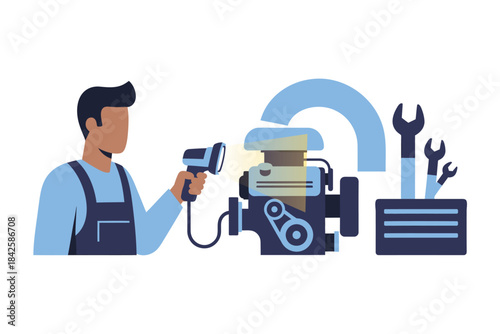 Mechanic Inspecting Car Engine with Diagnostic Tool Illustration