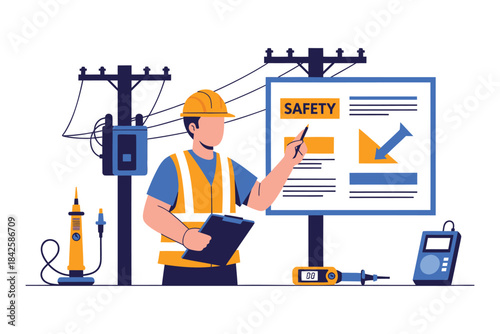 Electrician inspecting safety procedures near power poles with equipment.