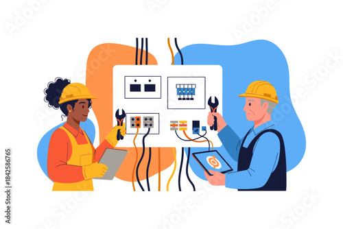 Diverse Professional Electricians Team Working on Electrical Panel Illustration
