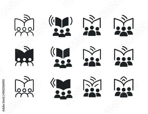 Reading Aloud Icons. Reading aloud to students. Icon set. Set Lo
