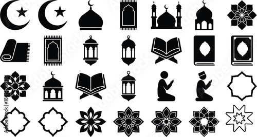 A collection of islamic religious symbols and elements including crescent moon, mosque, and quran