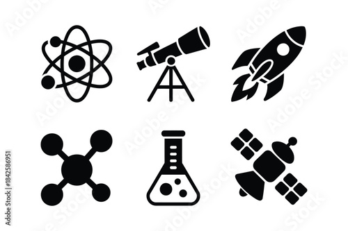 A set of six science and technology-related icons in flat black and white style