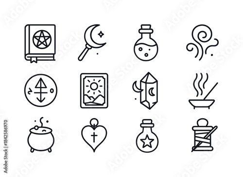 Whimsigoth Icon Set. Whimsigoth Magic. Line icon set of Whimsigo