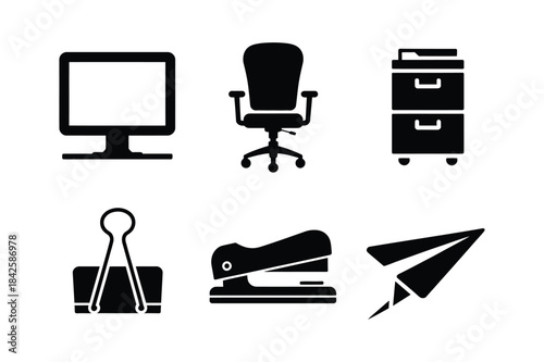 Collection of black silhouette icons representing essential office equipment and supplies