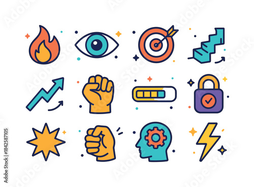 Willpower Icons Set. Willpower. Colorful isometric vector icons
