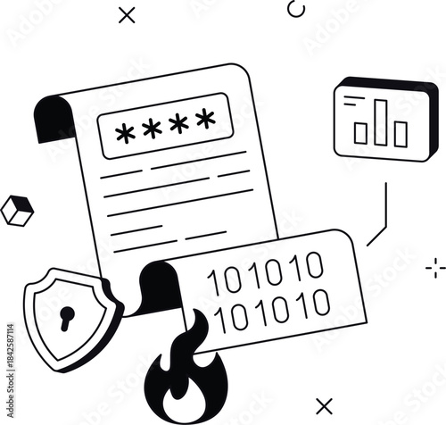 Cyber security settings on document with firewall isometric flat vector illustration