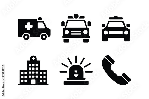 A collection of black emergency services icons on a white background for public safety concepts