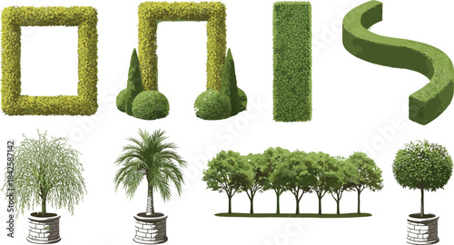 Green Garden Topiary and Tree Collection, Boxwood Hedges Palm Trees and Formal Landscaping Bush Shapes for Garden Design and Architecture.