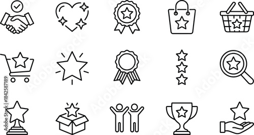 Set of 15 Star Rating and Customer Success Line Icons for E-commerce, Quality, Loyalty, Achievement, Award, Partnership, and Business Trophy Concepts.