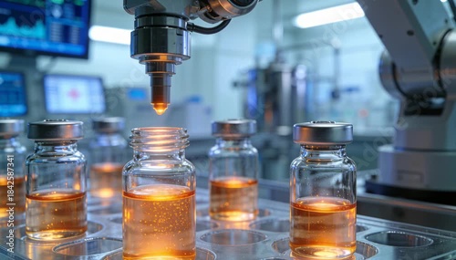 Robotic Arm Dispensing Glowing Liquid into Vials in a Pharmaceutical Lab