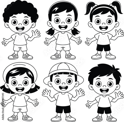 Set of Six Happy Waving Cartoon Children in Black and White Outline, Representing Diverse Boys and Girls for School, Education, Kids, and Greeting Card Design.
