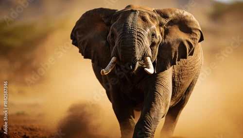 Powerful African Elephant Kicking Up Dust While Walking