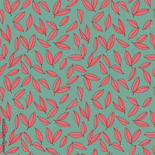 Seamless pattern with hand drawn meadow bold flowers. Floral Block Prints inspired by printmaking in Christmas color combinations