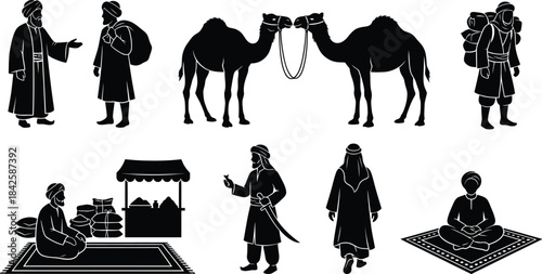 Black silhouettes depicting merchants, travelers, and camels from traditional middle eastern or desert life