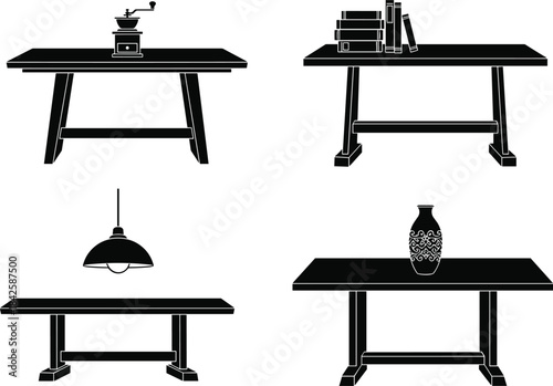 Wooden Table Silhouette Collection, Black Furniture Vector Set with Coffee Grinder Books Hanging Lamp and Decorative Vase Home Interior Elements.