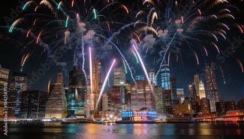 Spectacular Fireworks Over New York City Skyline at Night