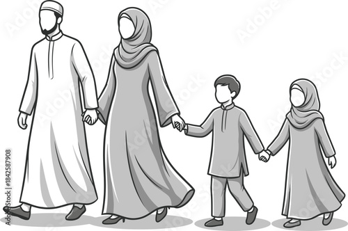 A happy muslim family walking together hand in hand with parents and children illustration