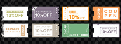 Collection of eight colorful 10 percent off gift voucher and coupon designs for retail promotion