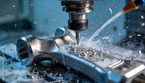 Precision CNC Milling Machine Cutting Metal Part with Coolant and Shavings