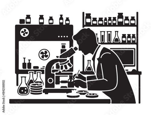Microbiology Lab in silhouette white background.