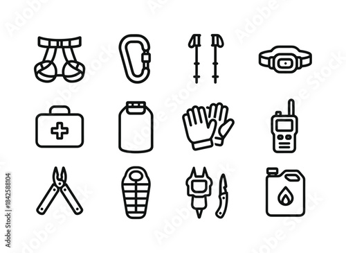 Adventure Gear Icons. Adventure Gear. Line icon set of Adventure
